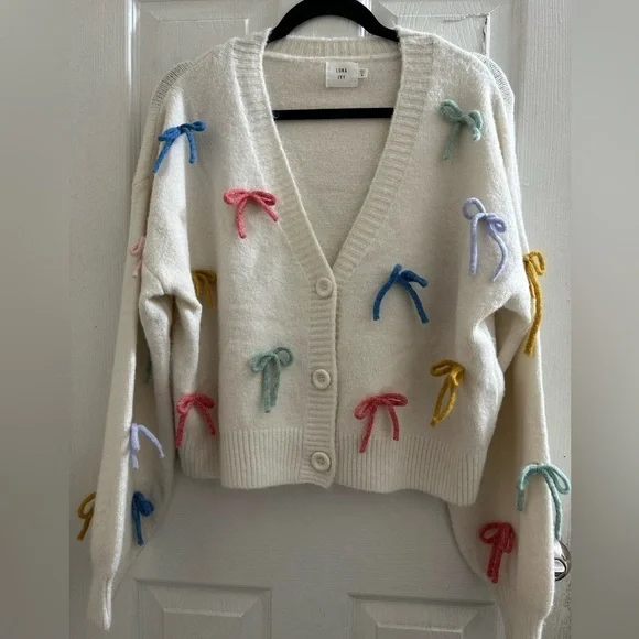 Luna Ivy Women's White Sweater with Colorful Bow Accents Sz M - Picture 2 of 8